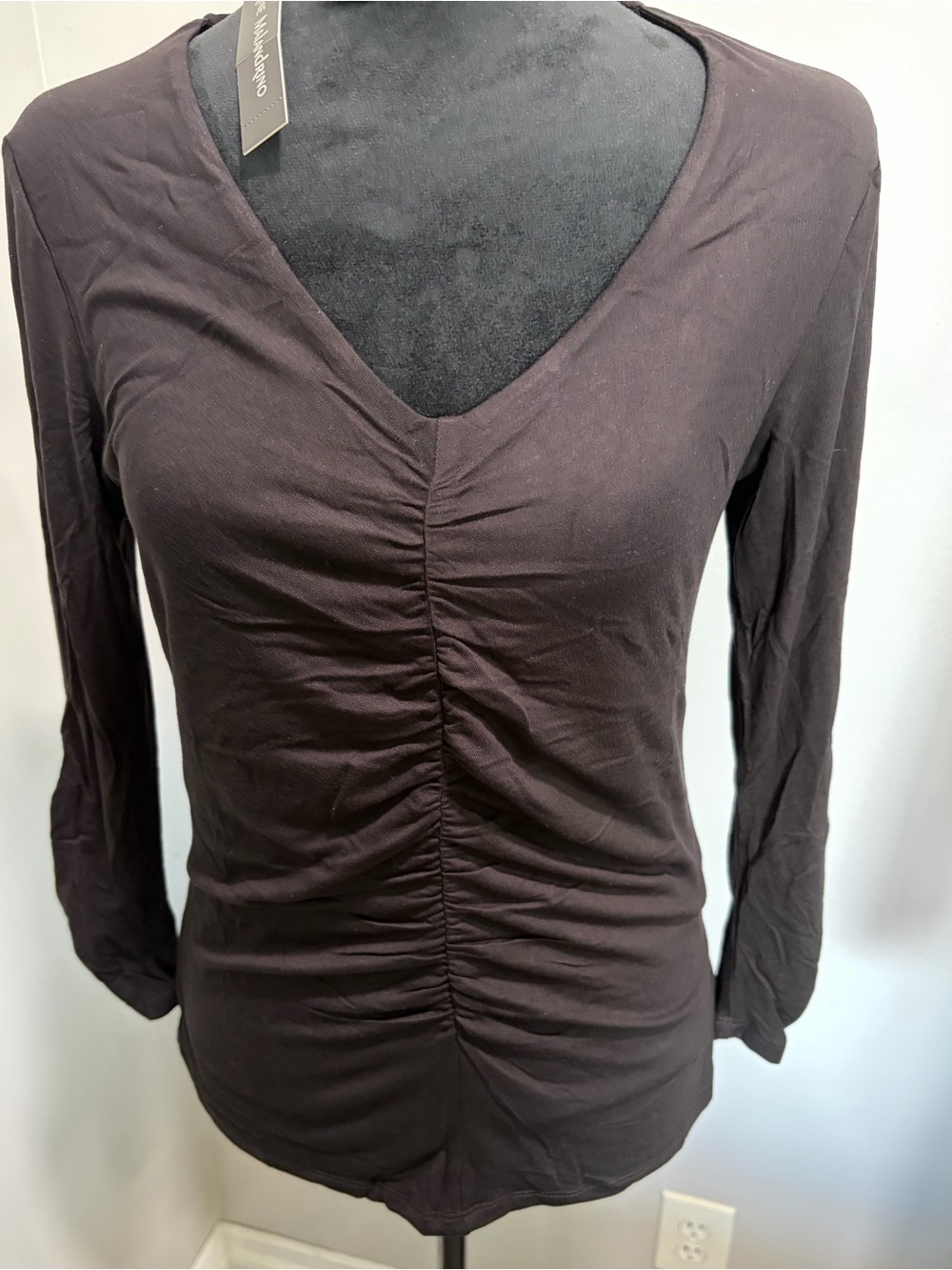 Catherine Malandrino Black Ruched V-Neck Long Sleeve Top